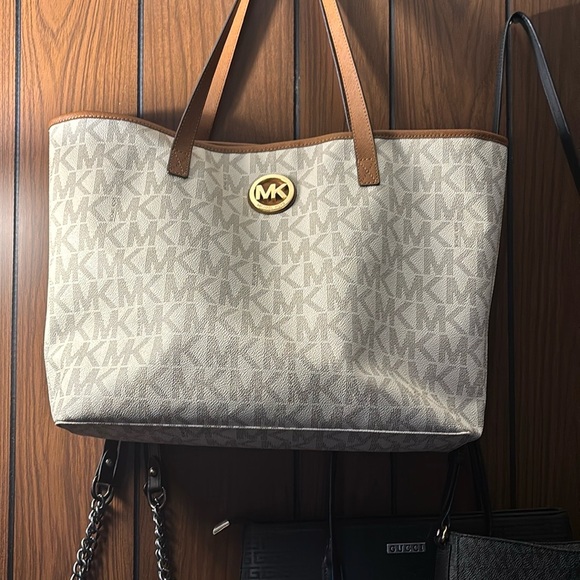 Michael Kors Cream and Brown Tote Bag with Signature Monogram